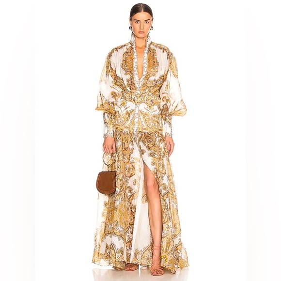 Zimmermann Zippy Billow‎ Gold Paisley Maxi Dress AU0 / US 2 Silk Linen NWT - Picture 1 of 17